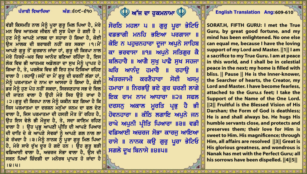 28 June 2026 ਸੋਰਠਿ ਮਹਲਾ ੫ ॥ ਗੁਰੁ ਪੂਰਾ ਭੇਟਿਓ ਵਡਭਾਗੀ ਮਨਹਿ ਭਇਆ ਪਰਗਾਸਾ ॥