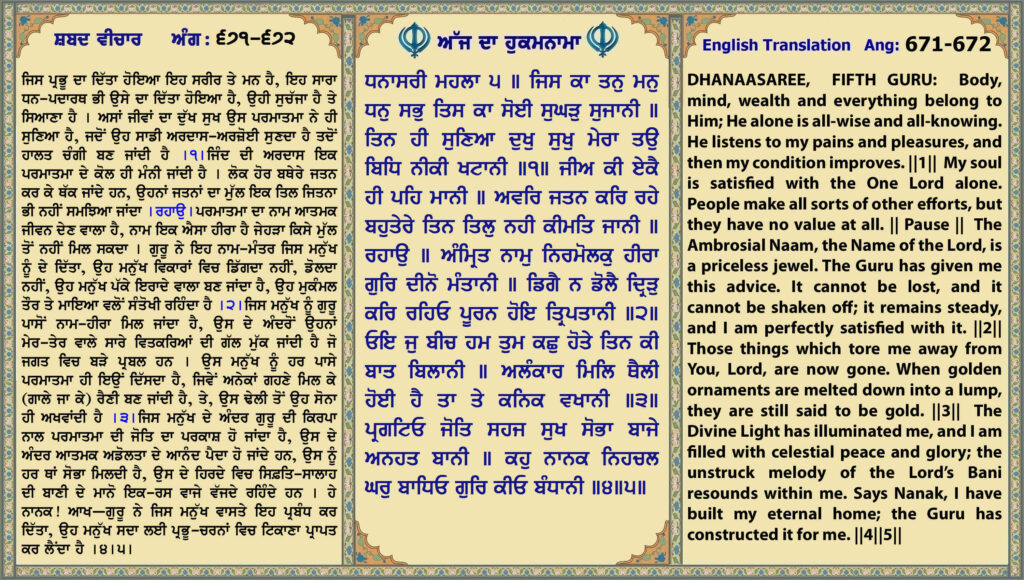 25 June 2026 ਧਨਾਸਰੀ ਮਹਲਾ ੫ ॥ ਜਿਸ ਕਾ ਤਨੁ ਮਨੁ ਧਨੁ ਸਭੁ ਤਿਸ ਕਾ ਸੋਈ ਸੁਘੜੁ ਸੁਜਾਨੀ ॥