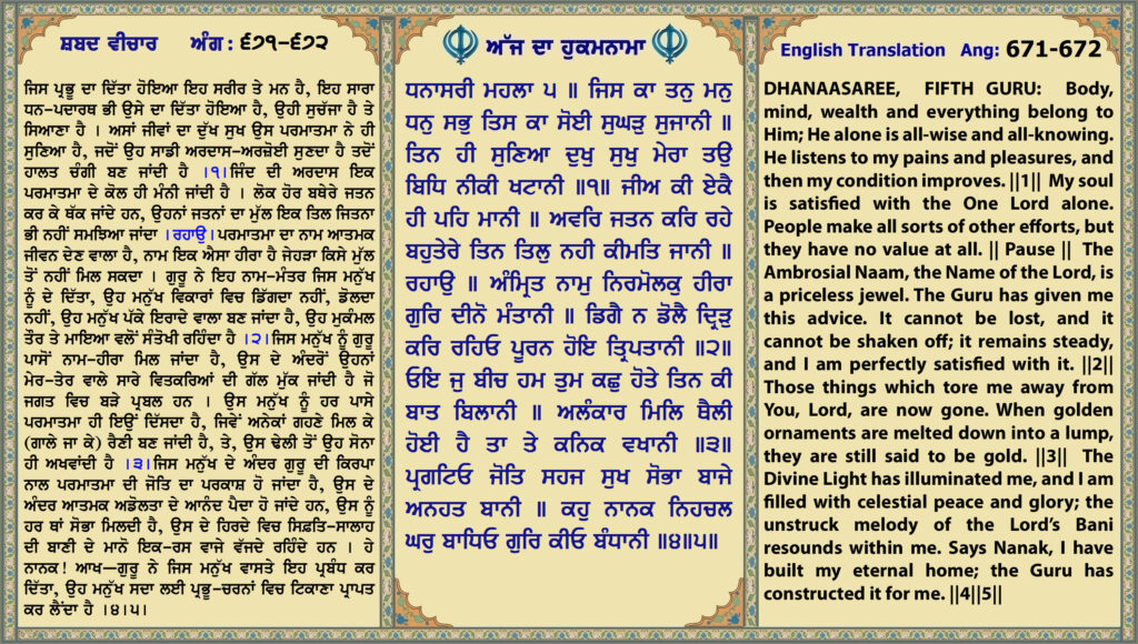 16 July 2026 ਧਨਾਸਰੀ ਮਹਲਾ ੫ ॥ ਜਿਸ ਕਾ ਤਨੁ ਮਨੁ ਧਨੁ ਸਭੁ ਤਿਸ ਕਾ ਸੋਈ ਸੁਘੜੁ ਸੁਜਾਨੀ ॥