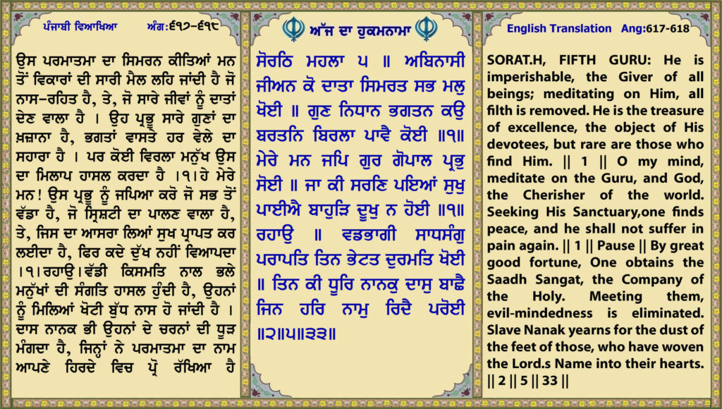 04 Oct 2026 ਸੋਰਠਿ ਮਹਲਾ ੫ ॥ ਅਬਿਨਾਸੀ ਜੀਅਨ ਕੋ ਦਾਤਾ ਸਿਮਰਤ ਸਭ ਮਲੁ ਖੋਈ ॥
